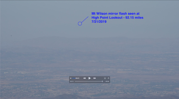 Mirror Flash of Redirected Sunlight of 92.15 Miles (148.3 Kms) between Mt Wilson & High Point Lookout, Varsity Scouting, Operation On Target, Septemeber 21, 2019, Southern California
