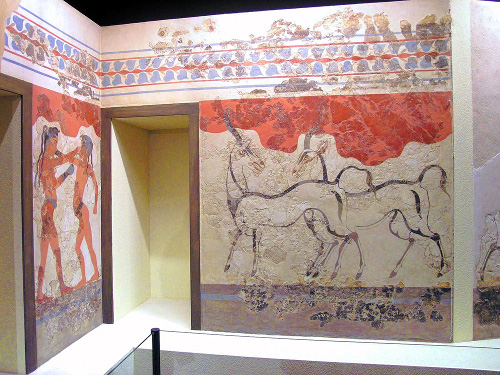 Boxing Boys and Antelopes Frescoes of Room 1 in the Beta Sectoe, Akrotiri, Santorini (Thera), Greece
