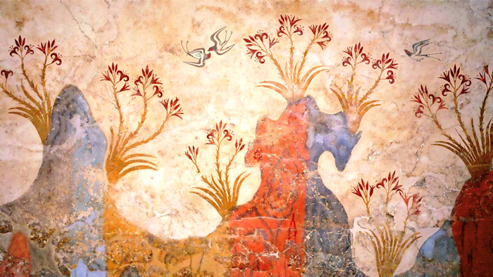 Minoan Spring Fresco West Wall Swallows Scene, Precision Reproduction, Akrotiri, Santorini, Greece