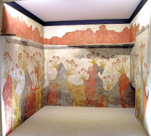 Minoan Spring Fresco's South, West, & North Walls of Room 2 in the Delta Complex, Akrotiri, Santorini (Thera), Greece